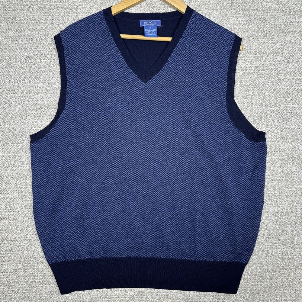 Y2K Faconnable Blue Merino‎ Wool Chevron Academia V-Neck Sweater Vest Size M